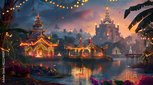 A beautiful digital painting of a fantasy Asian palace. The palace is surrounded by a moat and has a large courtyard with a fountain. The sky is a deep blue and the water is a light blue. photo