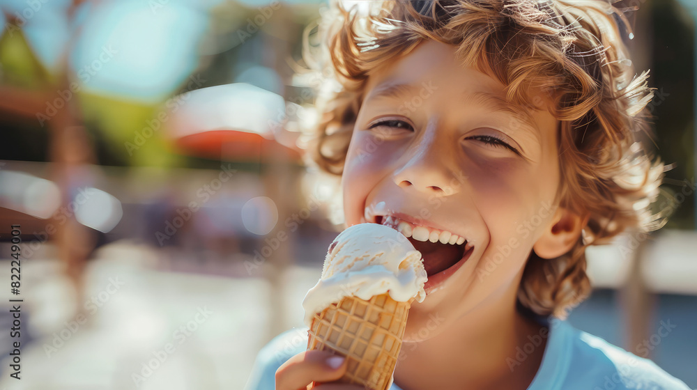 Happy child eating ice cream close-up on a sunny summer day Happy child eating ice cream close-up on a sunny summer day