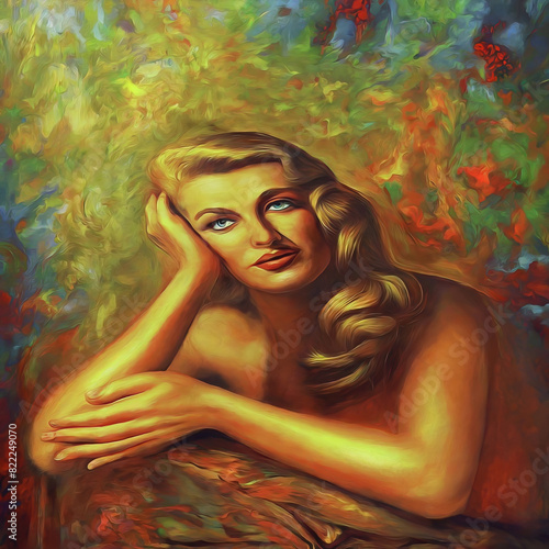 Retro portrait of a blonde white movie star with a wistful look in a langorous seductive pose, maybe remembering a lost love or wishing for an opportunity to revive a flagging career