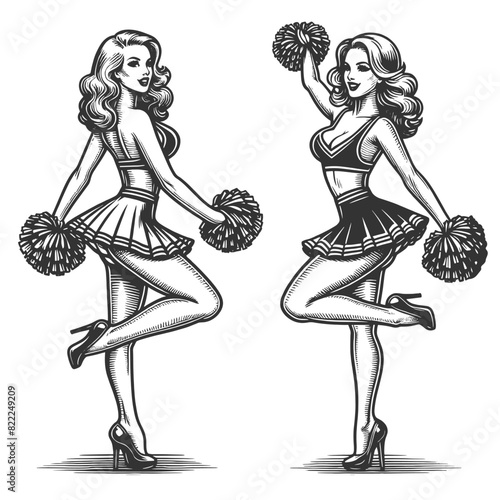 cheerleader in classic pin-up pose with pom-poms and a playful expression sketch engraving generative ai fictional character vector illustration. Scratch board imitation. Black and white image