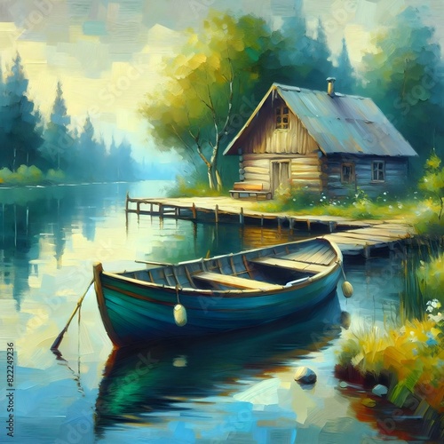 A painting of a boat docked near a small cabin with a wooden pier and a tree-lined shore.