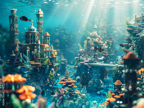 An ancient civilization of merfolk live in an underwater city. The city is made of coral and other sea materials and is located in a deep part of the ocean. photo