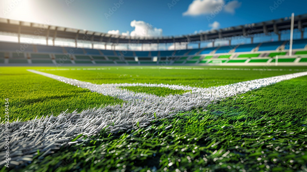 Obraz premium An immaculate view of a football field from the goal line, looking towards the midfield with perfect turf and line markings, large copy space in the background stands.