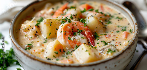 A bowl of creamy seafood chowder isolated on a white table, filled with chunks of fish, shrimp, and tender potatoes. photo