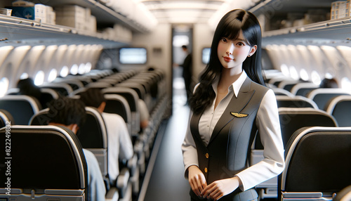 Japanese flight attendant standing in an airplane aisle