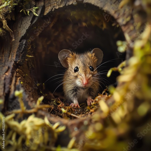 A tiny mouse peeking out from a burrow.