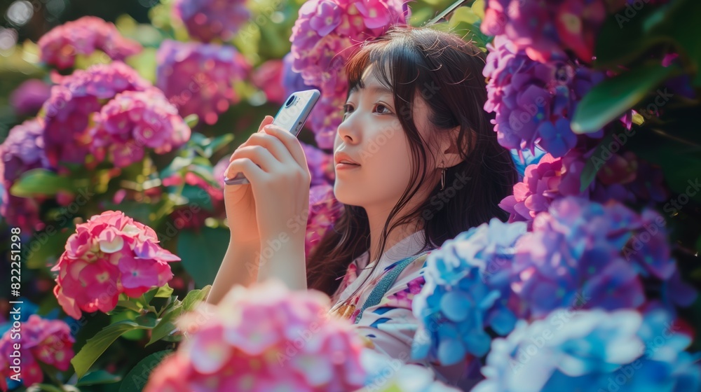 Obraz premium 紫陽花に埋もれて自撮りをする女性 