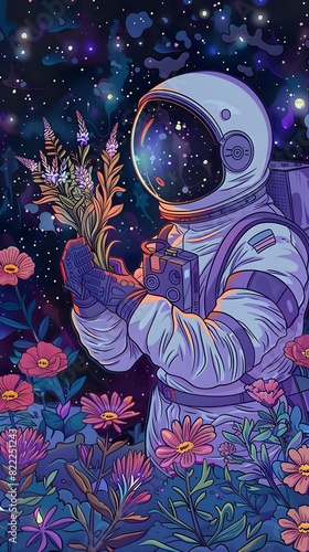 Wallpaper Mural Astronaut Exploring Enchanting Cosmic Landscape with Vibrant Alien Flowers and Glowing Celestial Elements Torontodigital.ca