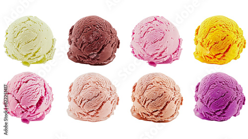 Ice cream scoops of different flavors and colors isolated on transparent background, PNG. Strawberry, vanilla, chocolate, cream ice cream. photo
