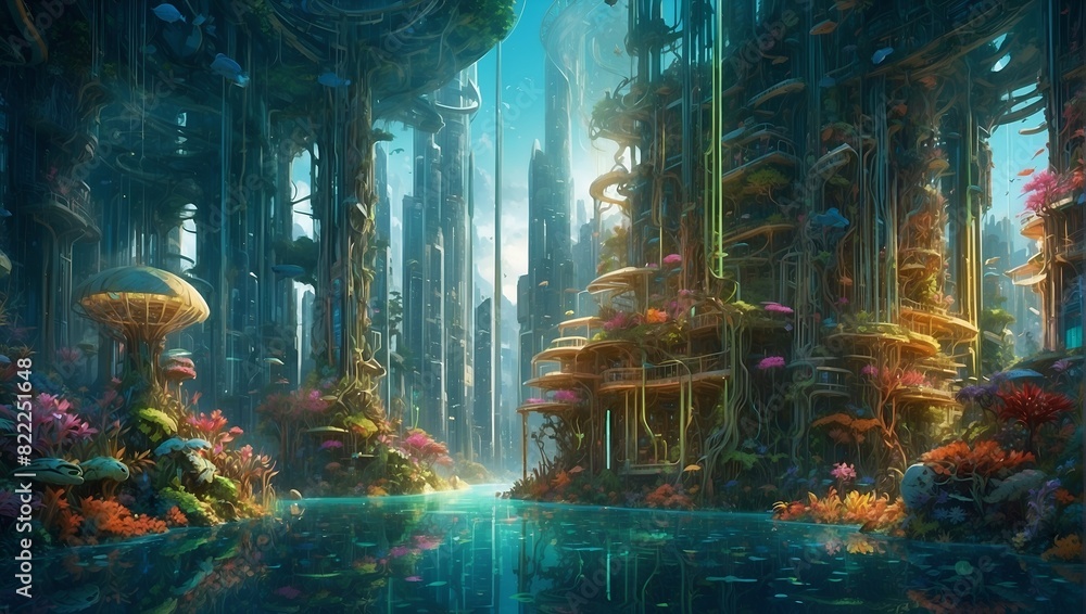 A lush, ethereal solarpunk underwater city shimmers with harmonious energy.