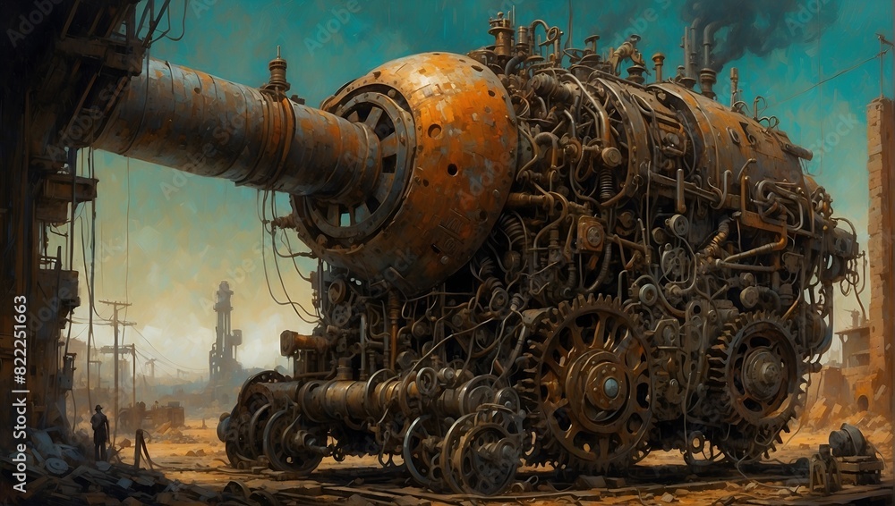 Fototapeta premium A menacing dieselpunk creation emerges, a jumble of mismatched metal and steam-powered contraptions fused together in an ominous collage.