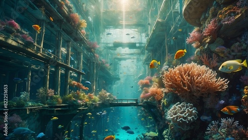 A lush  ethereal solarpunk underwater city shimmers with harmonious energy.