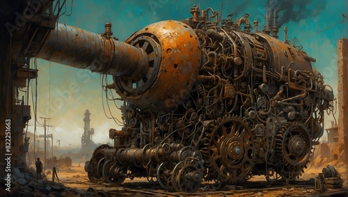 A menacing dieselpunk creation emerges, a jumble of mismatched metal and steam-powered contraptions fused together in an ominous collage. photo