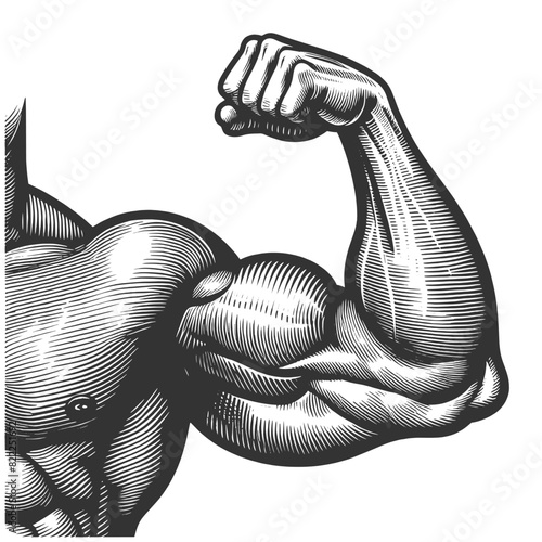 Strongman hand arm flexed bicep muscle symbolizing strength and power sketch engraving generative ai fictional character vector illustration. Scratch board imitation. Black and white image.