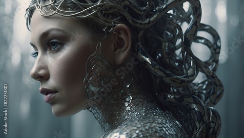 In a mesmerizingly intertwined depiction, a silvery elaborate gorgon emerges amidst the double exposure photograph