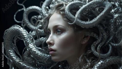In a mesmerizingly intertwined depiction, a silvery elaborate gorgon emerges amidst the double exposure photograph