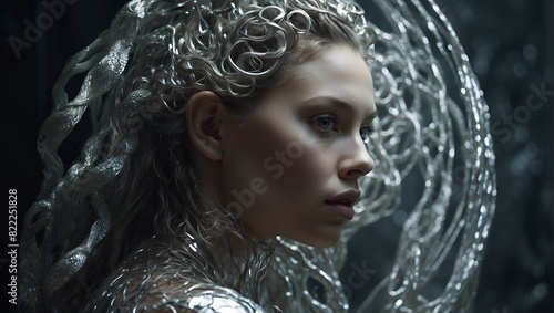 In a mesmerizingly intertwined depiction, a silvery elaborate gorgon emerges amidst the double exposure photograph
