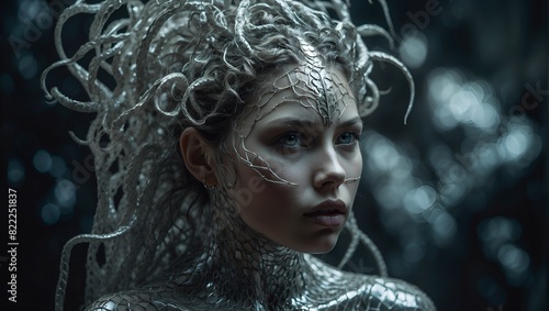 In a mesmerizingly intertwined depiction, a silvery elaborate gorgon emerges amidst the double exposure photograph