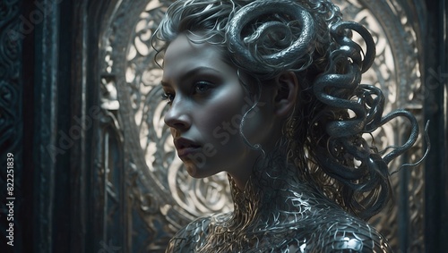 In a mesmerizingly intertwined depiction, a silvery elaborate gorgon emerges amidst the double exposure photograph
