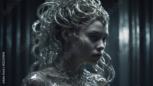 In a mesmerizingly intertwined depiction, a silvery elaborate gorgon emerges amidst the double exposure photograph