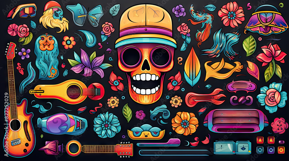 Bright and colorful vector illustration featuring psychedelic art and various abstract objects