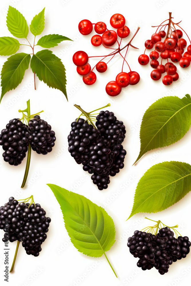 Collection of berries and leaves on white background with green leaf. Collection of berries and leaves on white background with green leaf.