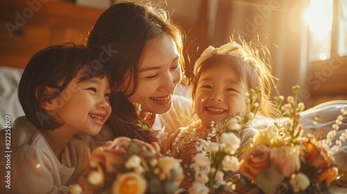 Happy siblings surprising their mother with a homemade birthday breakfast in bed, their faces glowing with warmth and affection as they present her with flowers and cards.