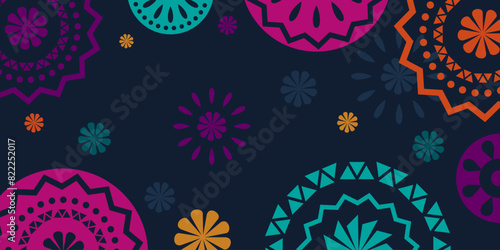Hispanic heritage month background. Vector banner, poster for social media, networks. Greeting card with copy space. National Hispanic heritage month, Papel Picado pattern on black background