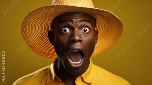 A front view of an unidentifiable person wearing a straw hat and yellow shirt against a monochromatic yellow background photo