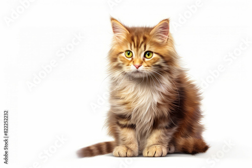 Fluffy cat with green eyes sitting down on white background. © VISUAL BACKGROUND