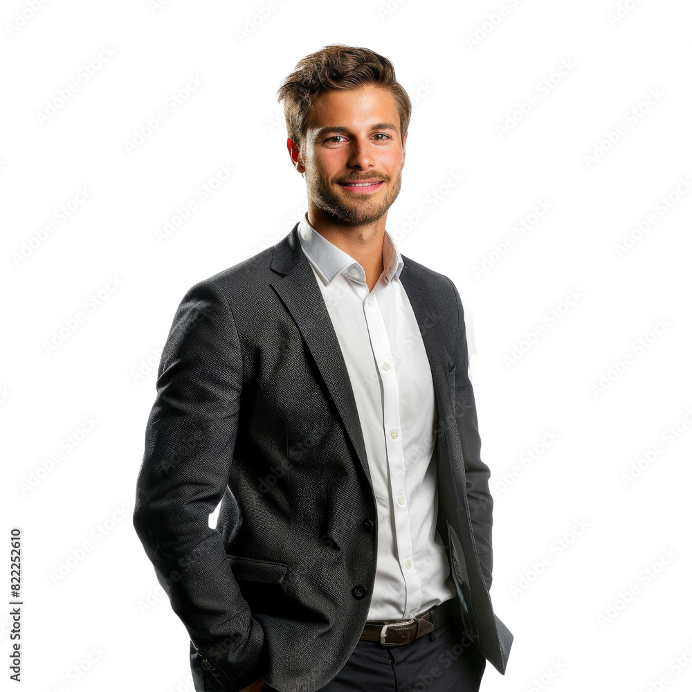 Fototapeta premium A man in a suit and tie is smiling for the camera , isolated on transparent background