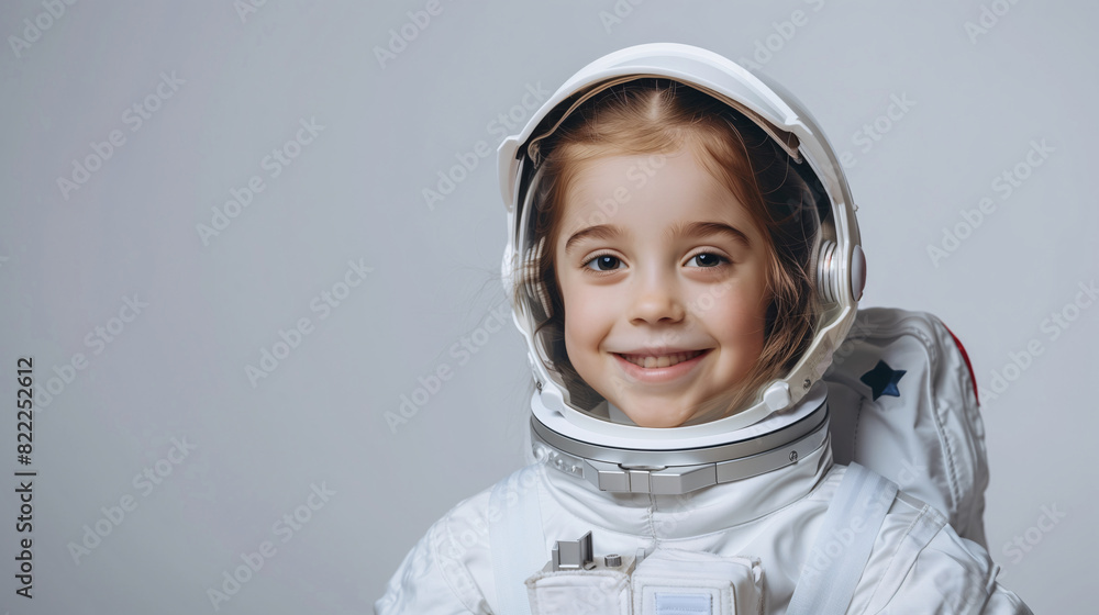 A cute happy smiling young white girl dresses like a astronaut on a plain white background with copy space for text. A cute happy smiling young white girl dresses like a astronaut on a plain white background with copy space for text.