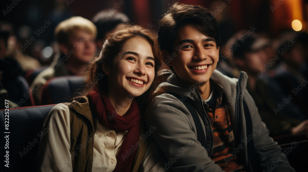A young couple smiling happily while watching a film in a theater