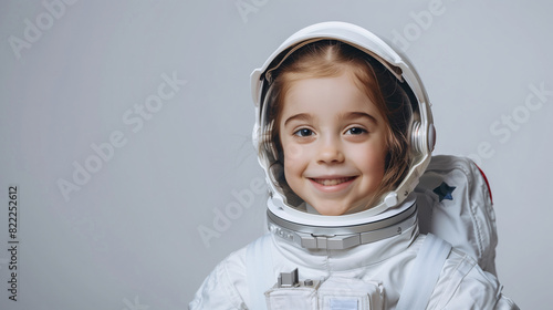 A cute happy smiling young white girl dresses like a astronaut on a plain white background with copy space for text. © Kanlayarawit