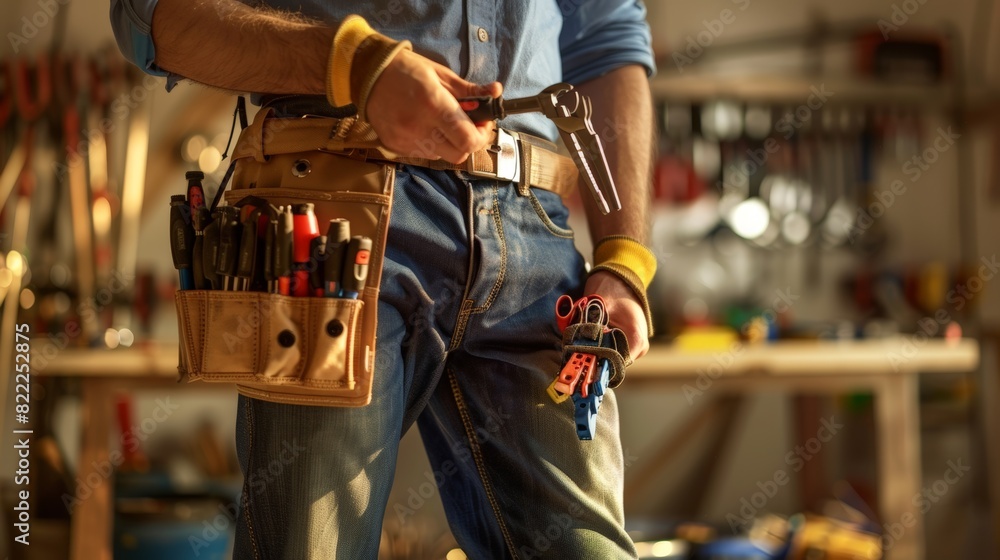 A carpenter stands in his workshop,  ready to work with his tools.