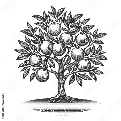 dense orange tree, rich with fruit and detailed foliage sketch engraving generative ai vector illustration. Scratch board imitation. Black and white image.