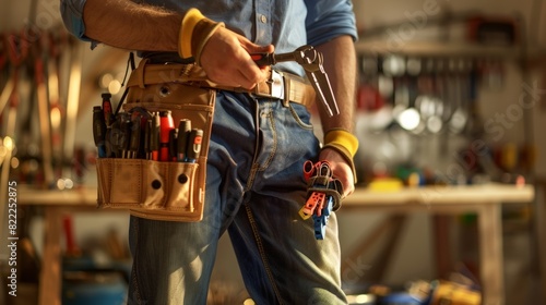 A carpenter stands in his workshop,  ready to work with his tools. photo