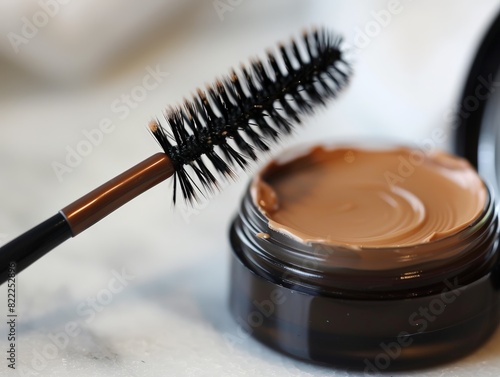 A close-up of a brow tinting kit, featuring a small container of tinted cream and a spoolie brush. photo