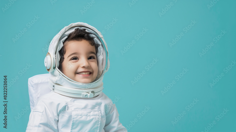 A cute happy smiling young Arab boy dresses like a astronaut on a plain green background with copy space for text. A cute happy smiling young Arab boy dresses like a astronaut on a plain green background with copy space for text.