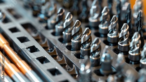 A close-up shot of a collection of drill bits neatly organized in a tool holder.  The metal tips of the bits reflect light, showcasing their sharpness. photo