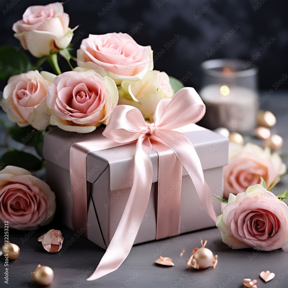 Pink roses with gift box. AI generated Pink roses with gift box. AI generated