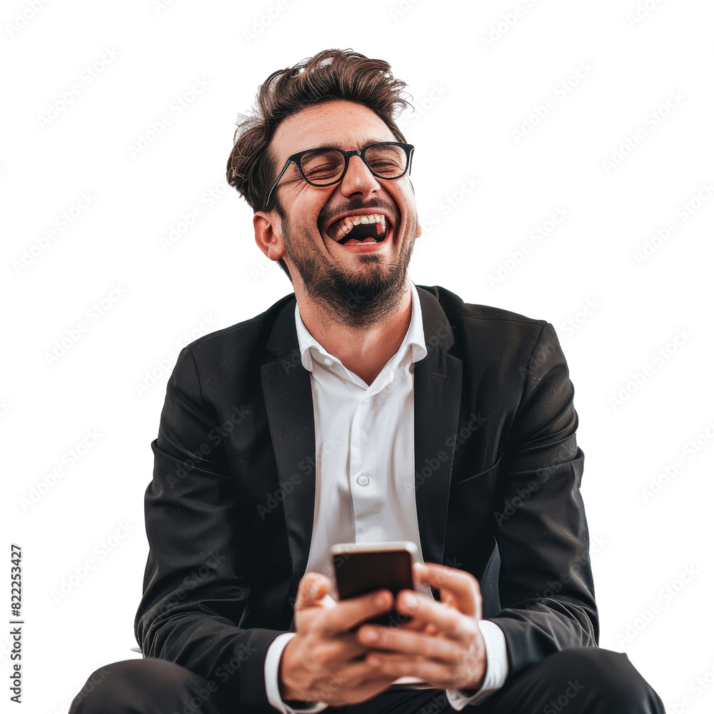 A man in a suit is laughing while holding a cell phone , isolated on transparent background A man in a suit is laughing while holding a cell phone , isolated on transparent background