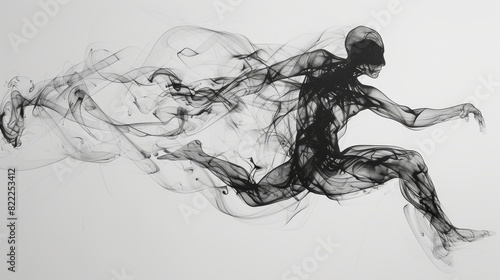 Artistic black and white image of a human figure in motion, represented as a dynamic, flowing smoke pattern.