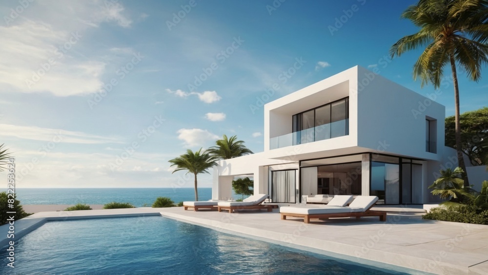 Luxury white beach house with sea view swimming pool and terrace in modern design