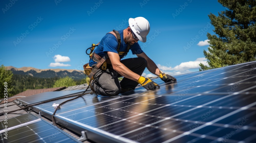 A solar panel technician installing solar panels on a house roof on a sunny day, The roof is covered with an array of sleek, modern solar panels, gleaming under the intense sunlight. A solar panel technician installing solar panels on a house roof on a sunny day, The roof is covered with an array of sleek, modern solar panels, gleaming under the intense sunlight.