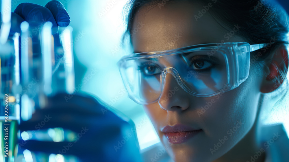 Female scientist examining medical test tubes in research laboratory Female scientist examining medical test tubes in research laboratory