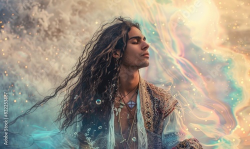 Portrayal of a young man in ornate ethnic robes and captivating long hair in the field