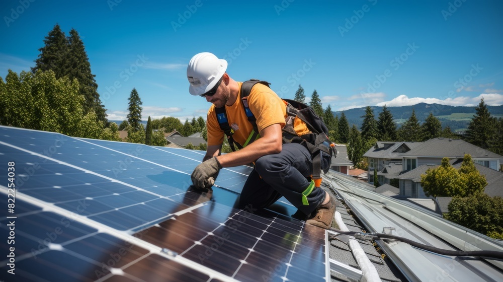 A solar panel technician installing solar panels on a house roof on a sunny day, The roof is covered with an array of sleek, modern solar panels, gleaming under the intense sunlight. A solar panel technician installing solar panels on a house roof on a sunny day, The roof is covered with an array of sleek, modern solar panels, gleaming under the intense sunlight.