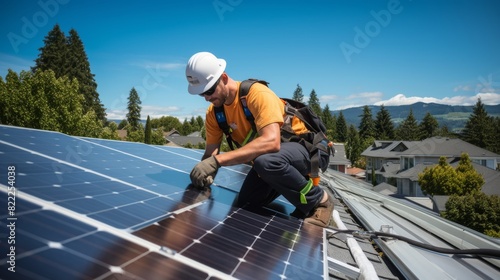 A solar panel technician installing solar panels on a house roof on a sunny day, The roof is covered with an array of sleek, modern solar panels, gleaming under the intense sunlight. 