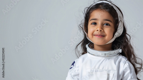 A cute happy smiling young Indian girl dresses like a astronaut on a plain white background with copy space for text.